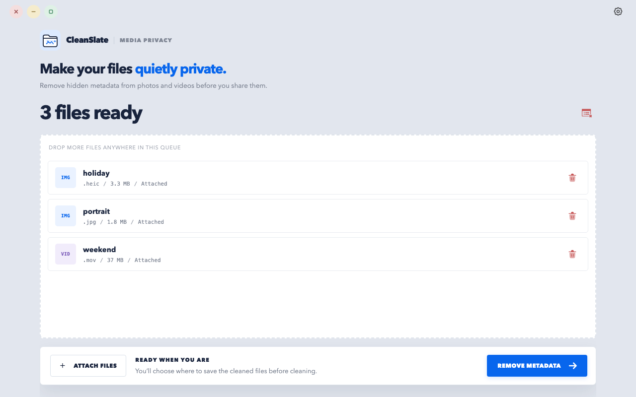 CleanSlate showing example image and video files ready to clean